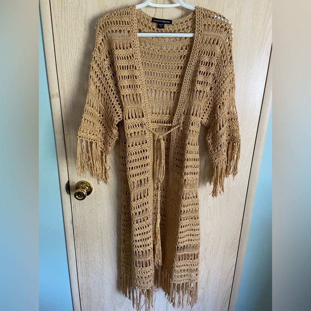 BOSTON PROPER Gold Metallic Macramé Crochet Tassel Fringe Long Duster w/Belt S/M